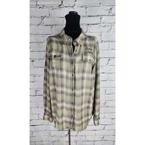 Harley Davidson Shirt Womens L Flannel button-up long sleeve  Rose embroidered